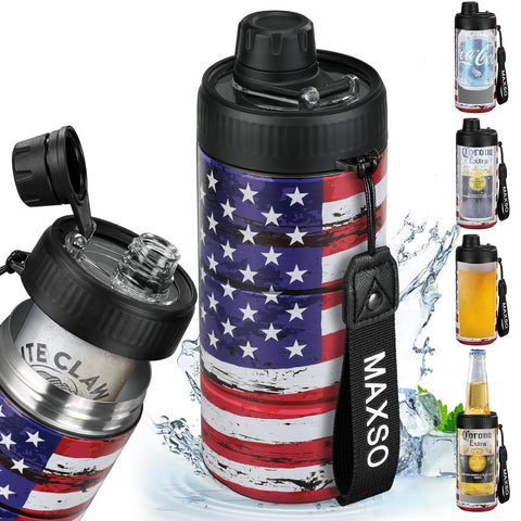 MAXSO Sealed Can Cooler with Fizz Lid keeps 12 oz drinks fizzy and spill-free.