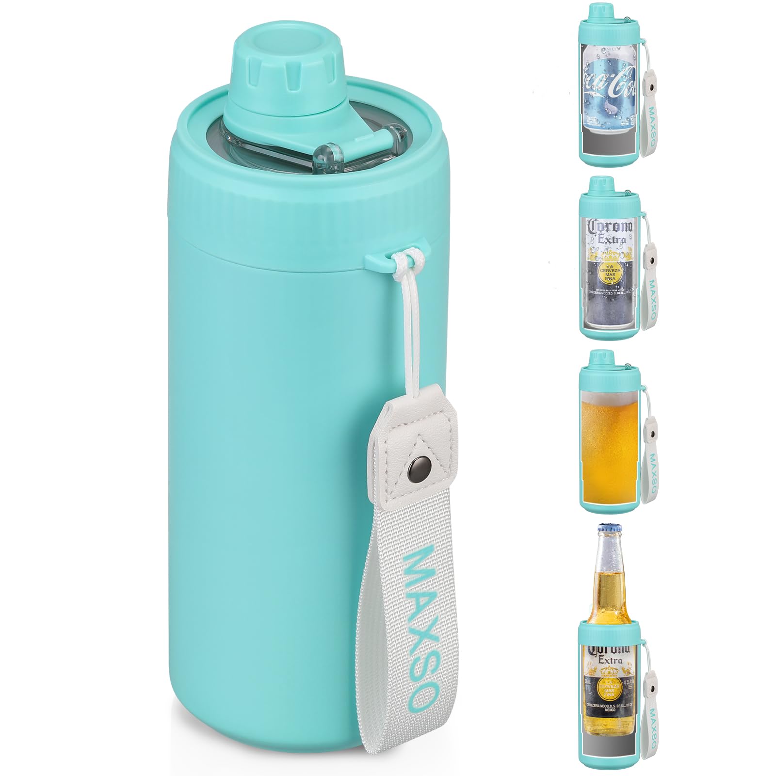 MAXSO Sealed Can Cooler turquoise front view shows the 4-in-1 design for cold drinks