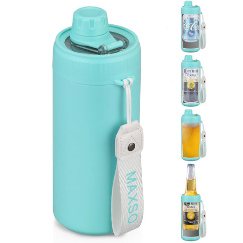 MAXSO Sealed Can Cooler turquoise front view shows the 4-in-1 design for cold drinks