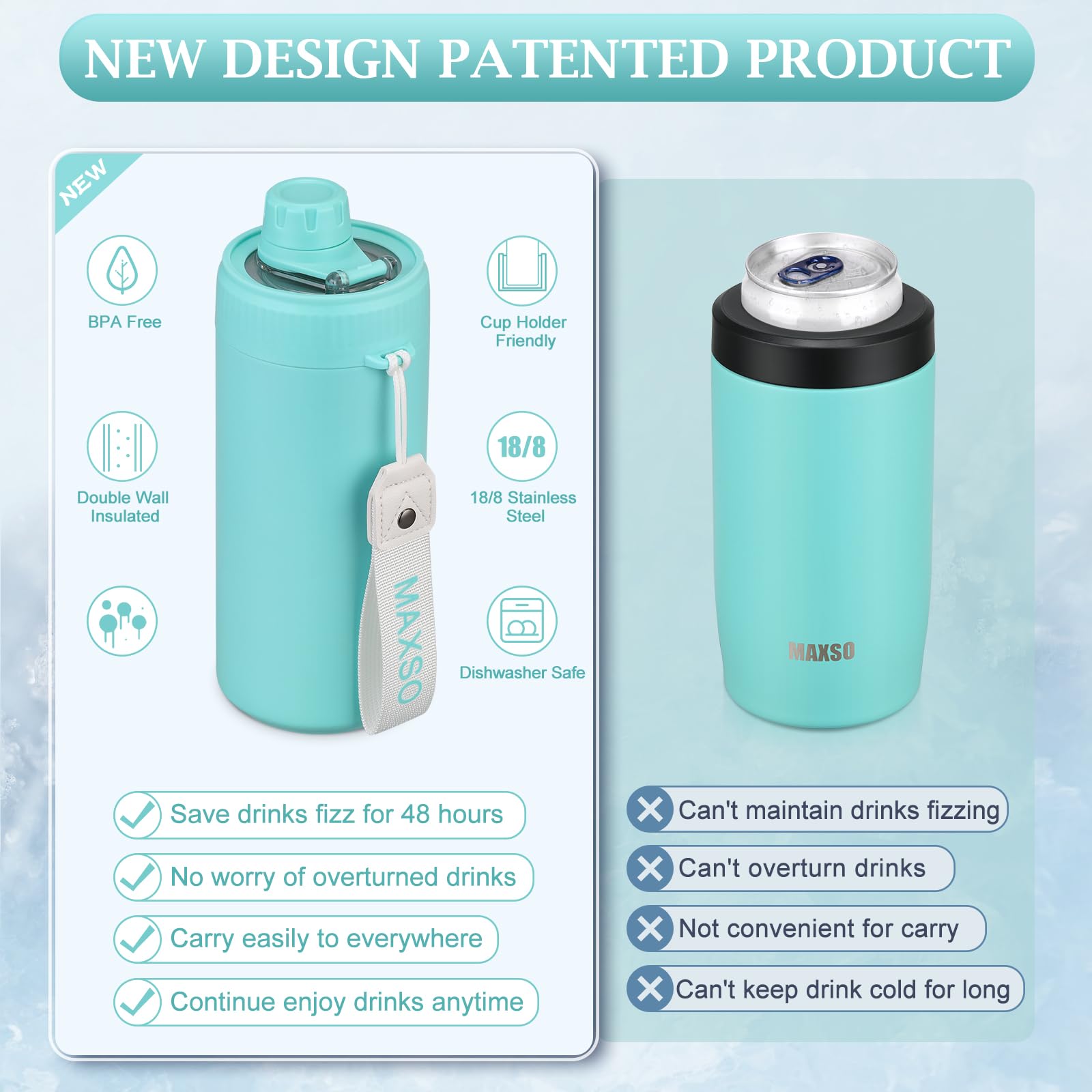 MAXSO Sealed Can Cooler used as a 15oz insulated bottle for long-lasting chill
