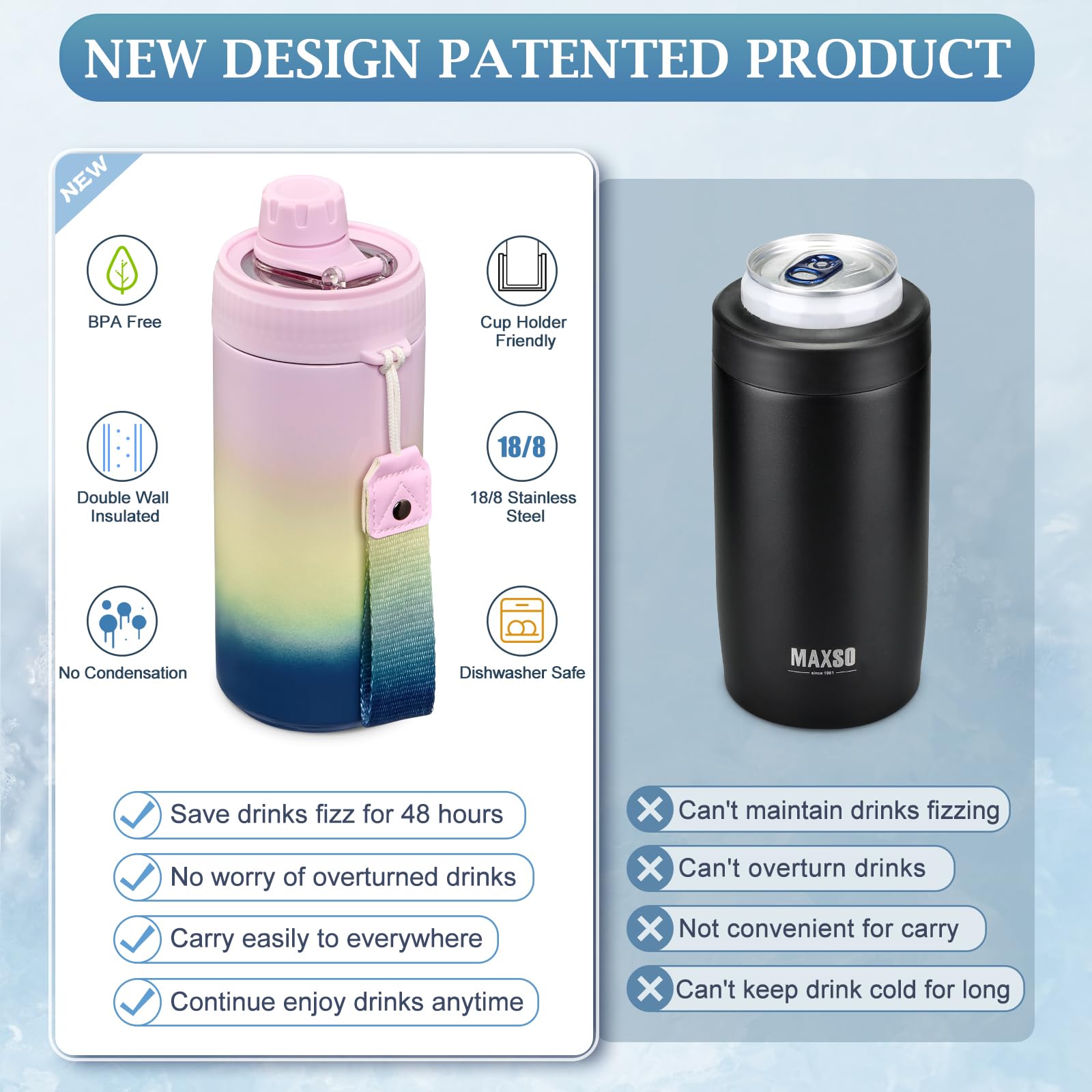 MAXSO Sealed Can Cooler thermal‑bottle‑compat shows 15 oz bottle compatibility for extended cold drinks