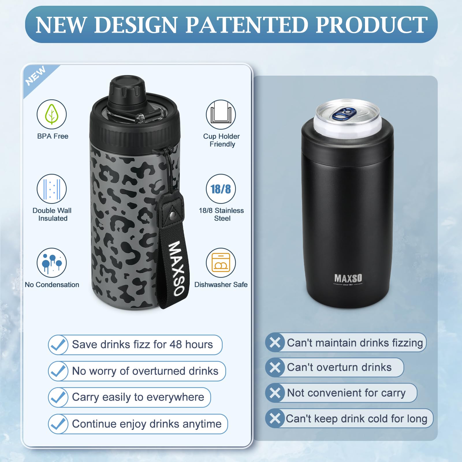 MAXSO Sealed Can Cooler vacuum-insulated keeps drinks cold from first sip
