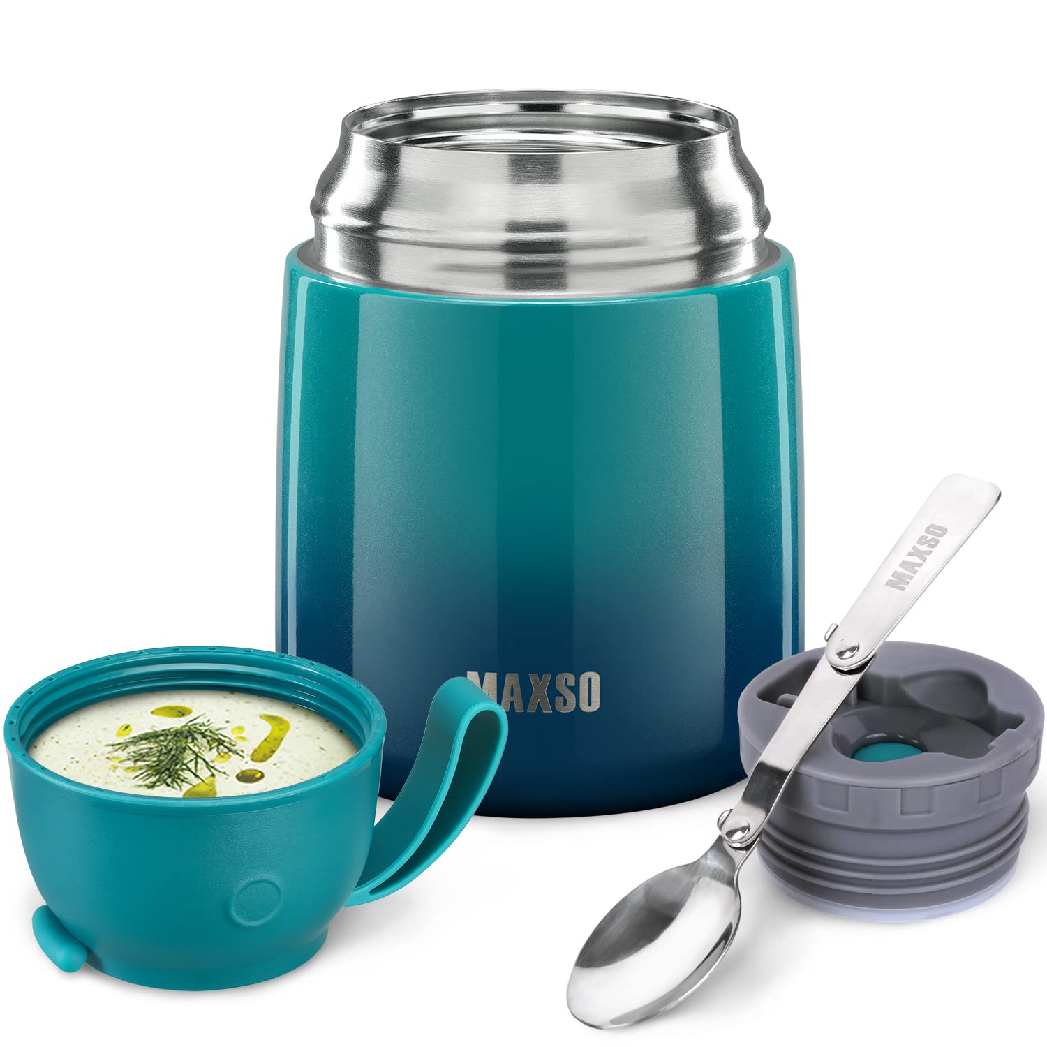 MAXSO Soup Thermo 17oz lunch container demonstrates hot or cold meal capacity on the go.