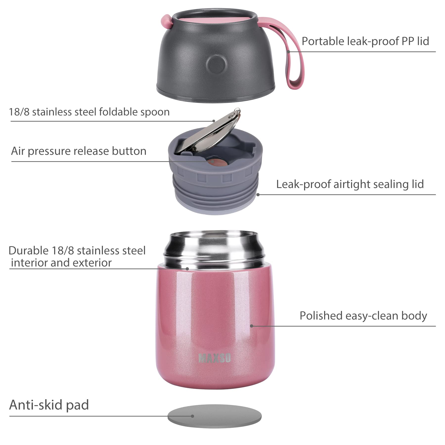 MAXSO built-in spoon in pink insulated jar for convenient meals on the go.