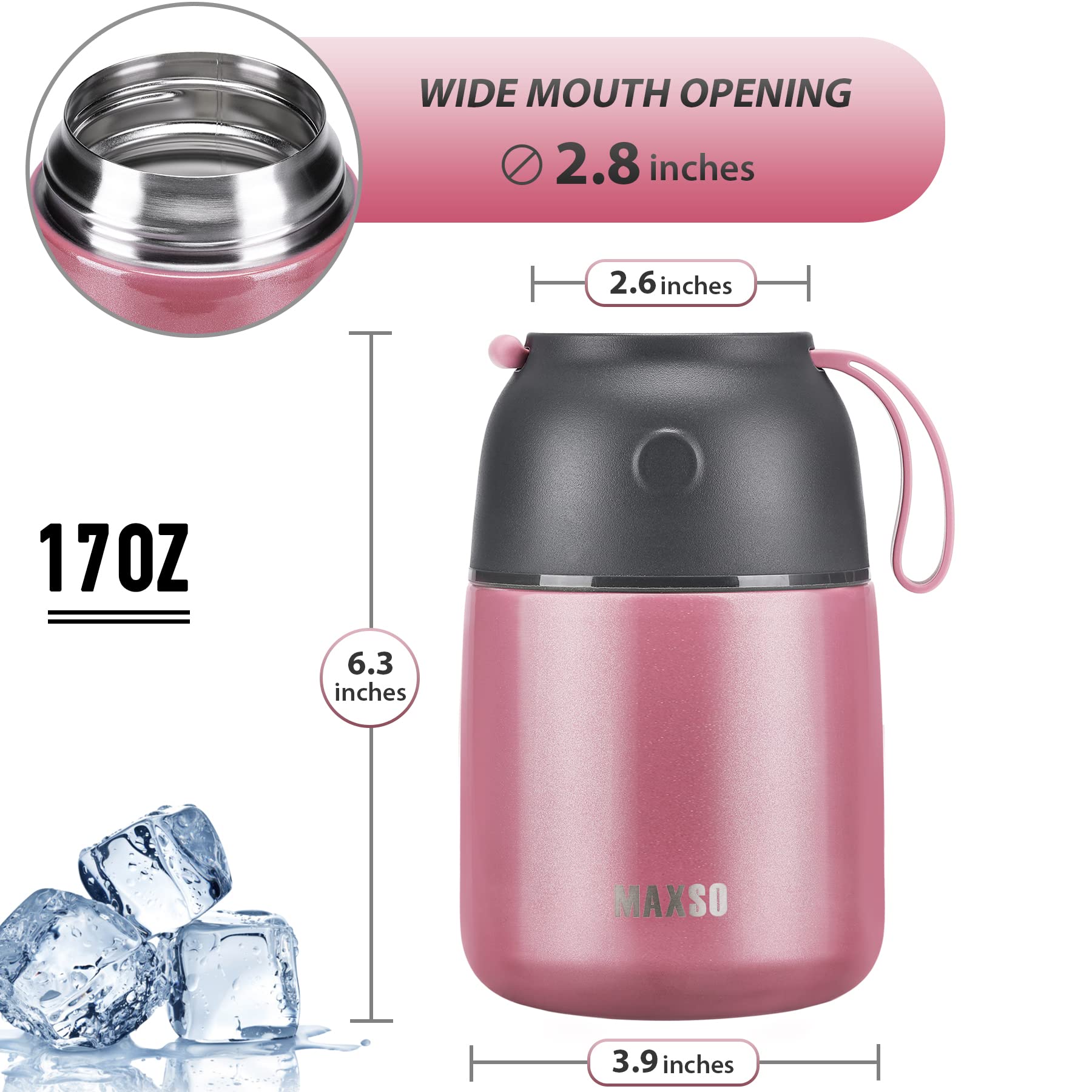 MAXSO pink double-wall insulation keeps food hot or cold longer.