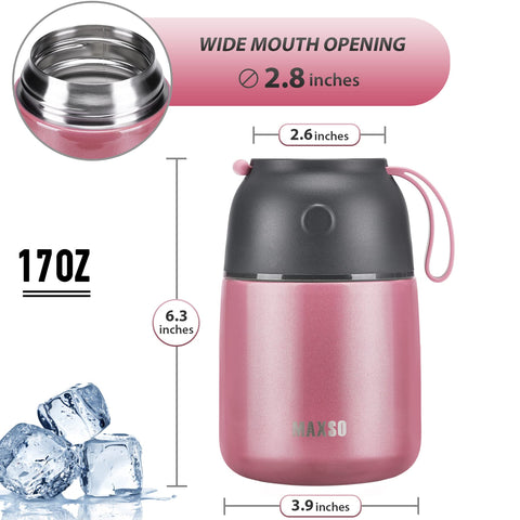 MAXSO pink double-wall insulation keeps food hot or cold longer.