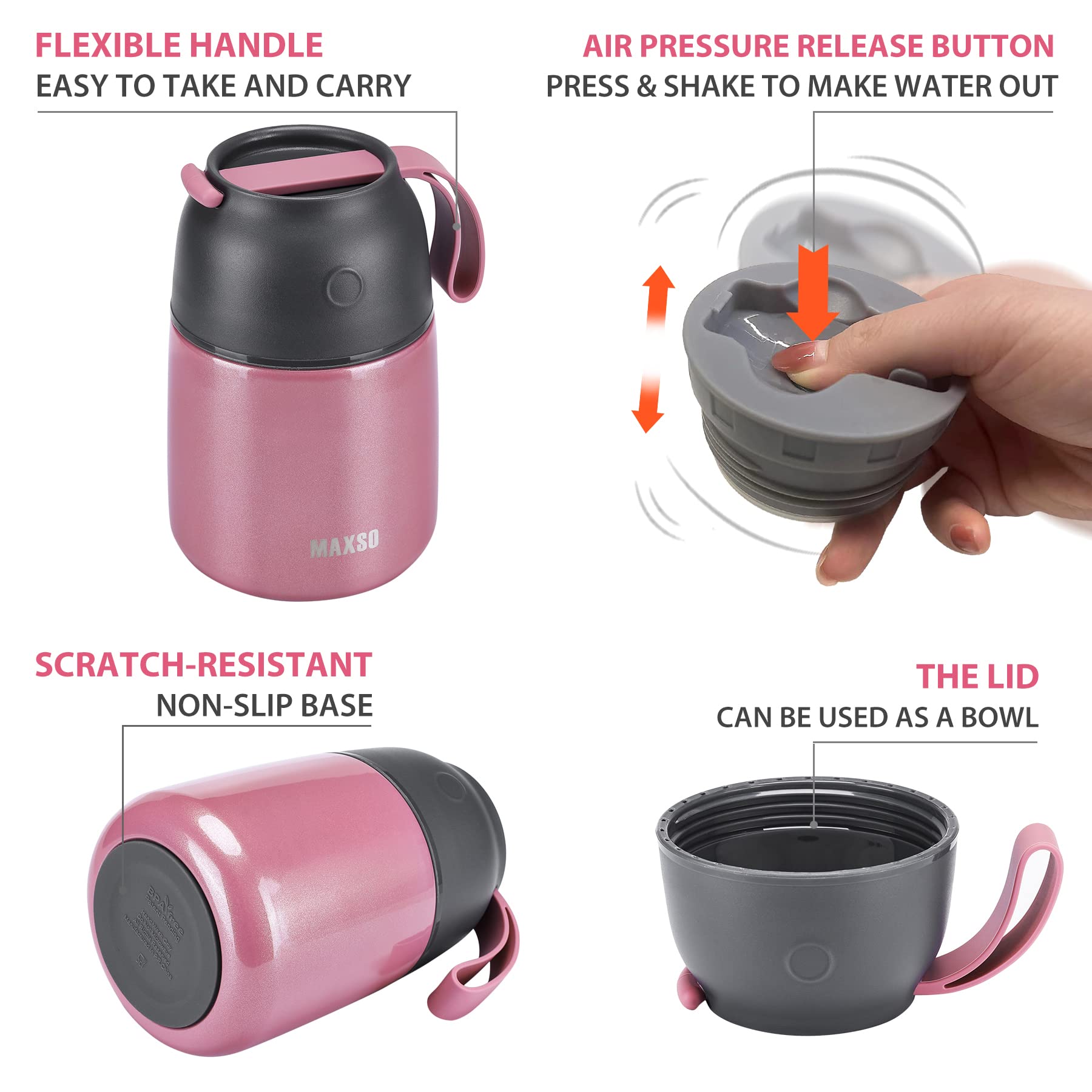 MAXSO pink wide-mouth opening for easy filling and cleaning.