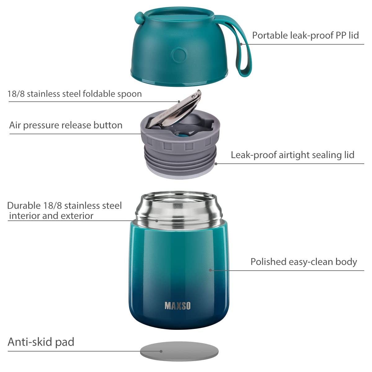 MAXSO Soup Thermo built-in spoon for mess-free meals.