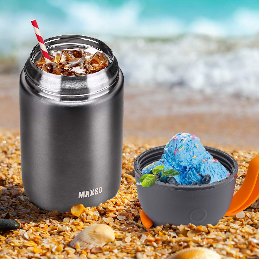 MAXSO Soup Thermo folding-spoon tucked inside for convenient meals on the go.