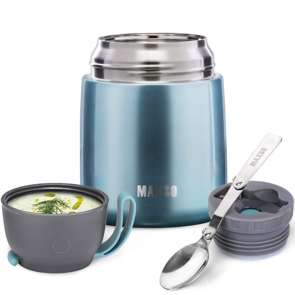MAXSO Soup Thermo shinny blue front view for hot or cold meals on the go