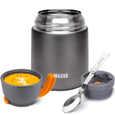 MAXSO Soup Thermo grey lid shows leak-proof design for travel meals.