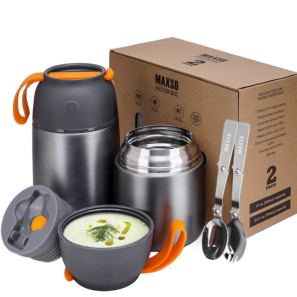 MAXSO two-pack soup thermo jars ready for hot or cold meals on the go.