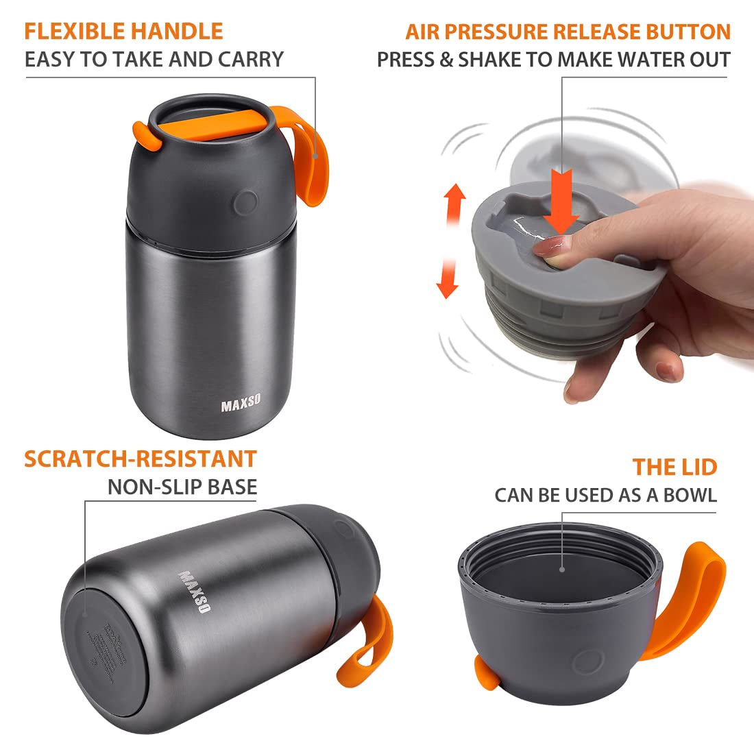 MAXSO vacuum insulation preserves heat or freshness for 24 hours.