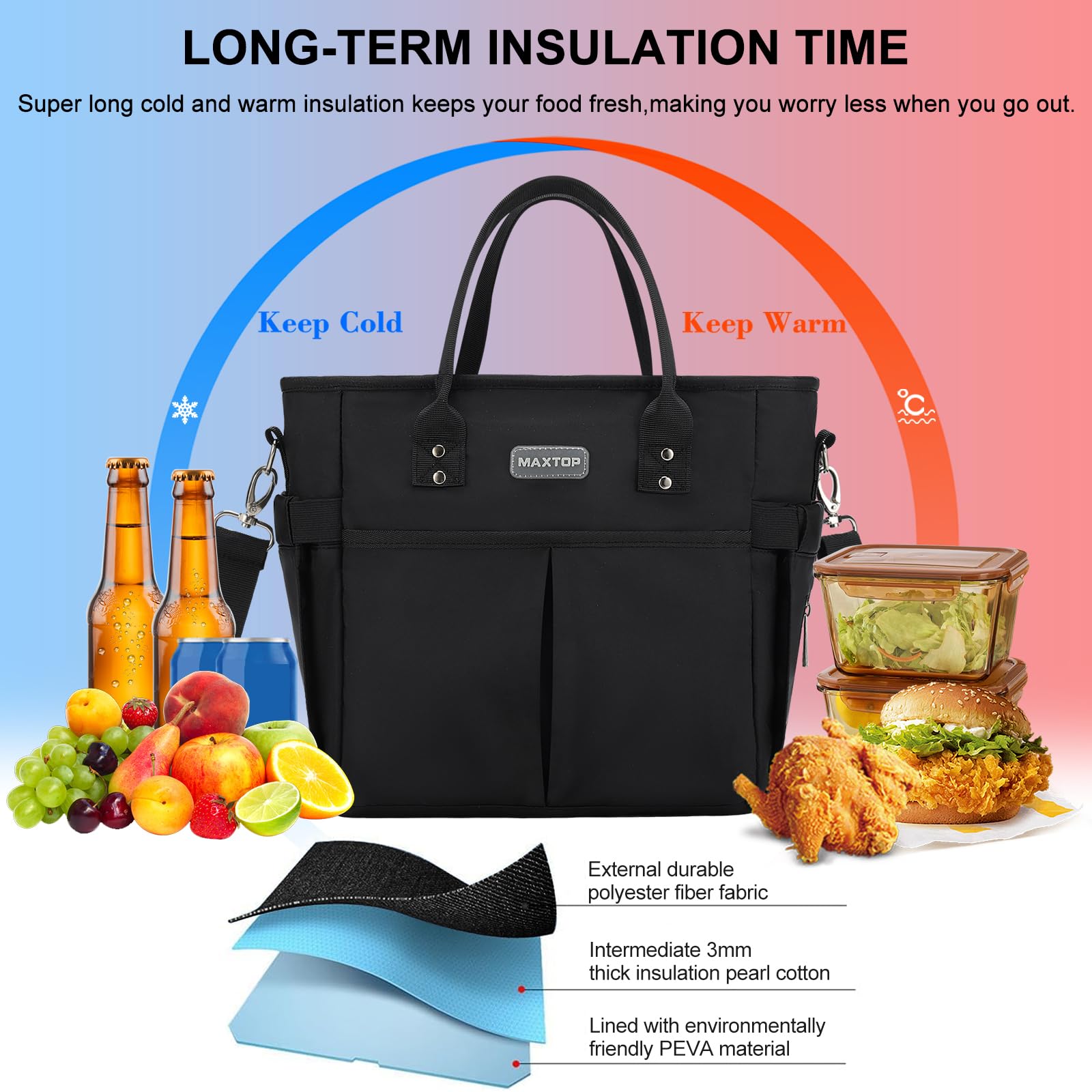 MAXTOP insulated interior keeps food fresh and beverages cool during commutes.
