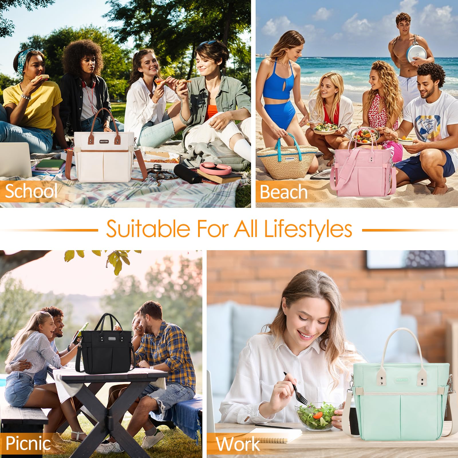 MAXTOP insulated lunch bag with outside pockets for organized essentials.