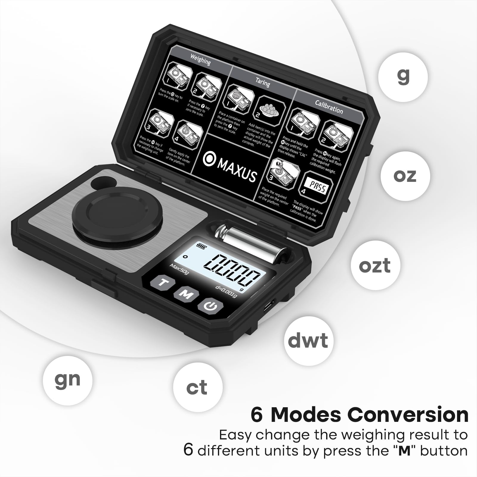 MAXUS Digital Milligram Scale display closeup highlighting 0.001 g precision.