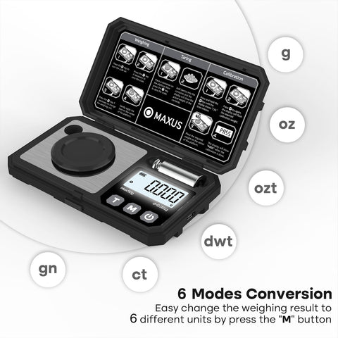 MAXUS Digital Milligram Scale display closeup highlighting 0.001 g precision.