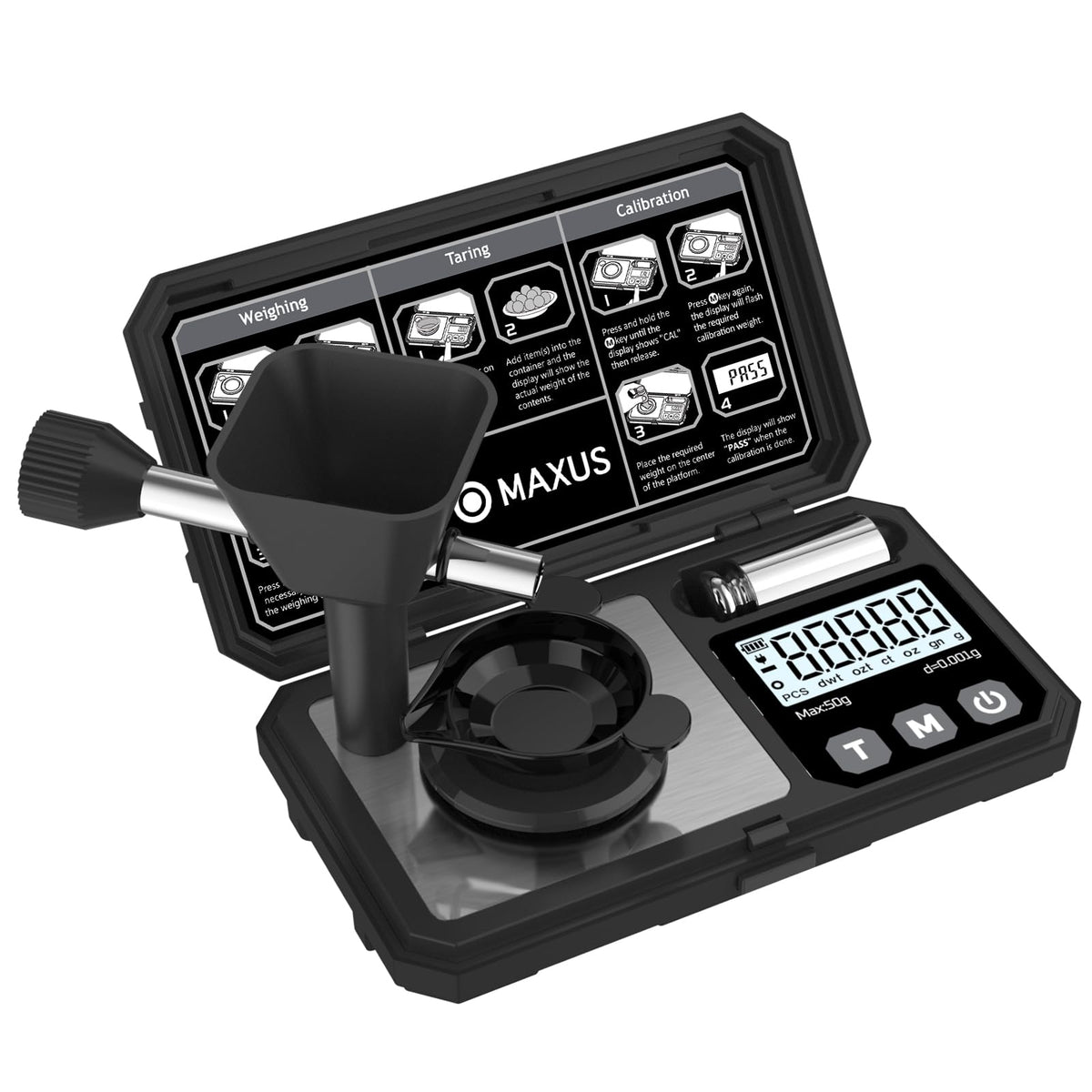 MAXUS Digital Milligram Scale front view showing precise 50 g capacity.