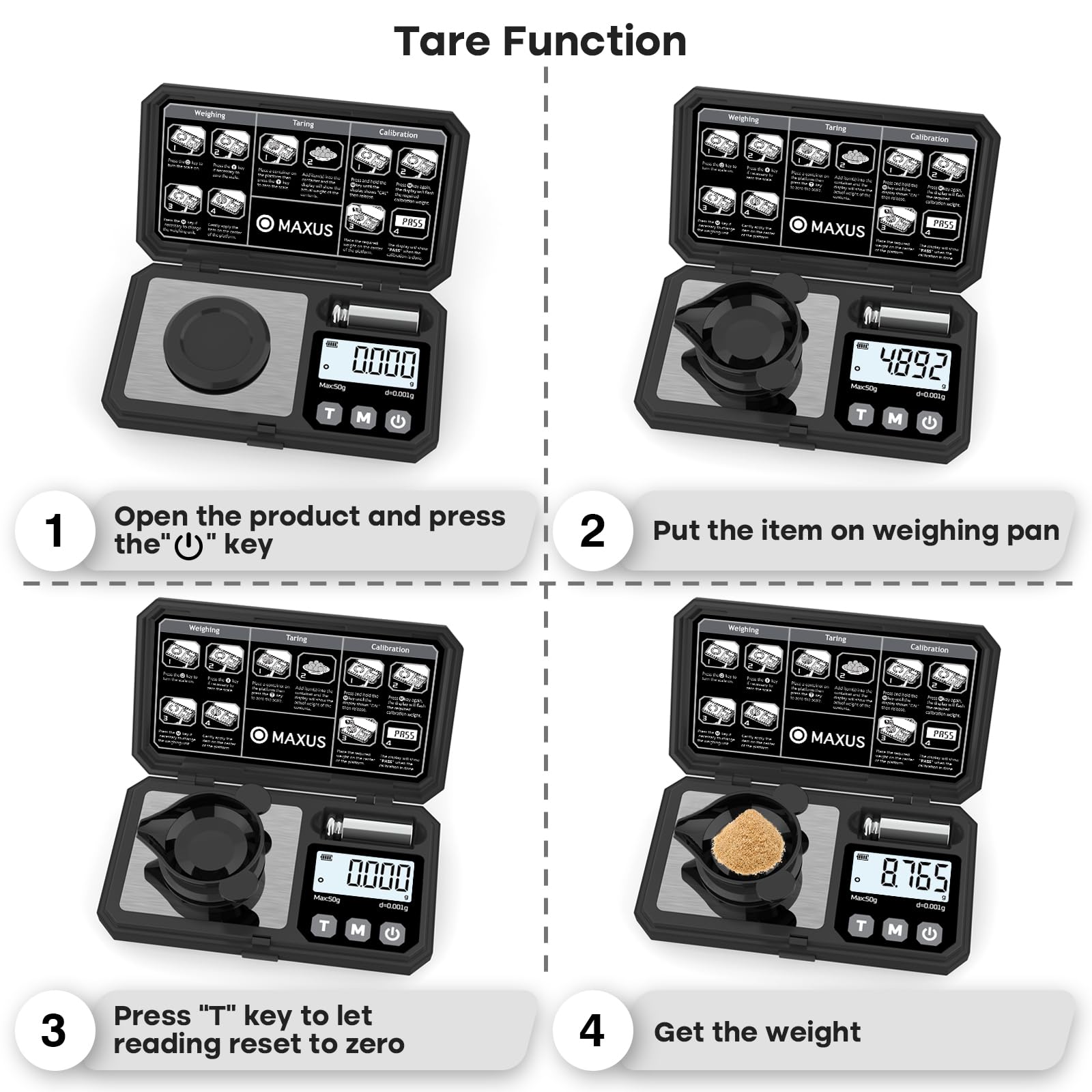 MAXUS Digital Milligram Scale tare function illustration for accurate net weight.
