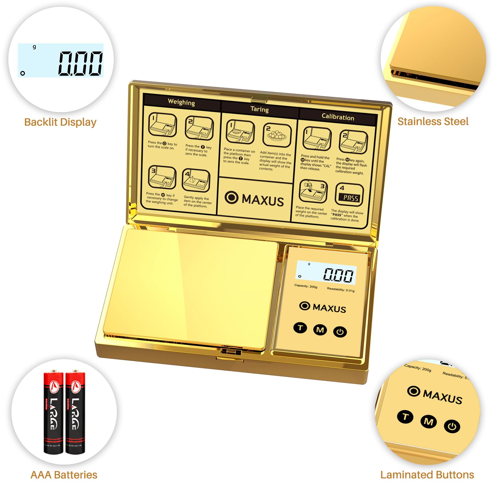 MAXUS pocket scale with backlit display for easy readings in low light.