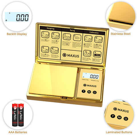 MAXUS pocket scale with backlit display for easy readings in low light.