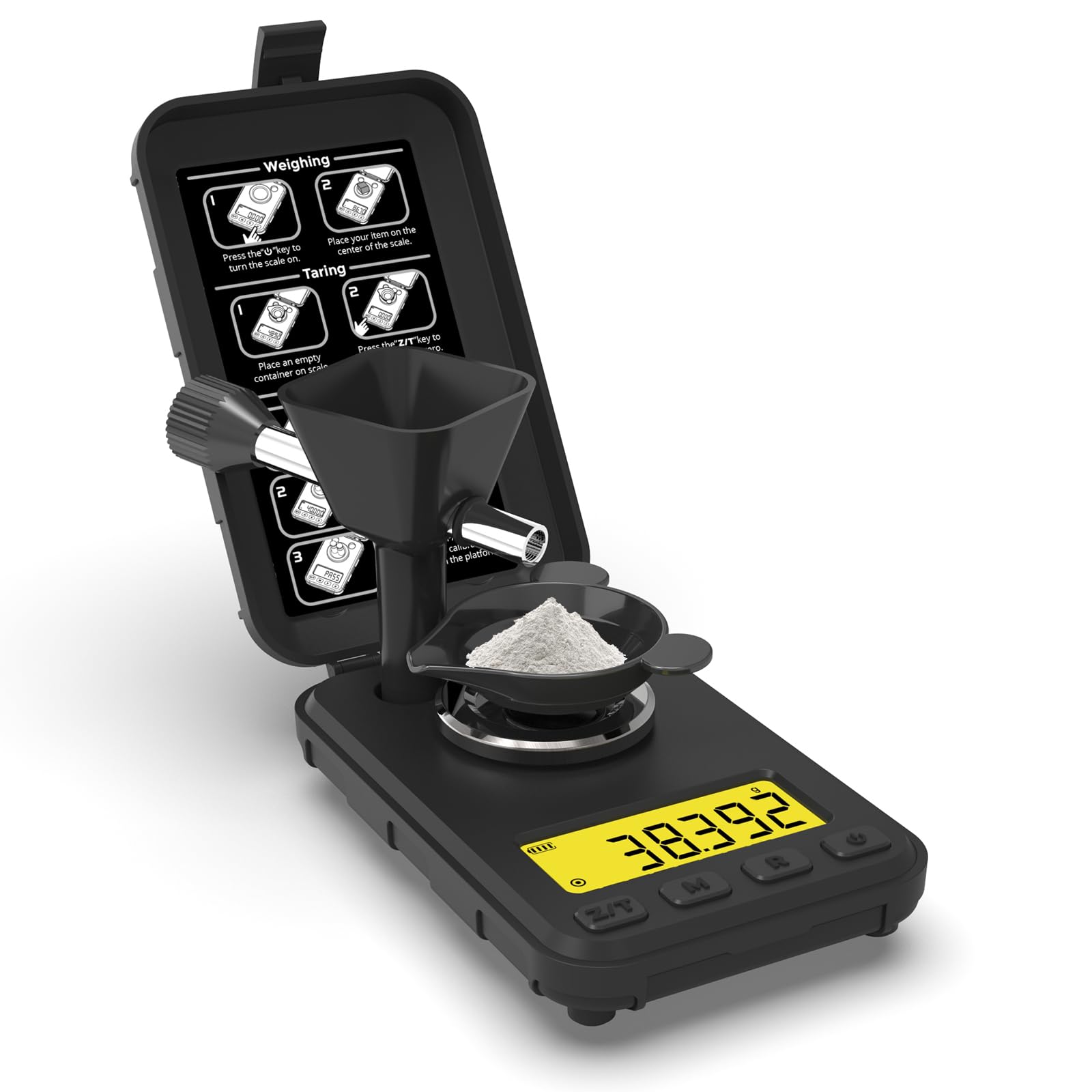 MAXUS Reloading Scale front view displays 50 g capacity with 0.001 g precision