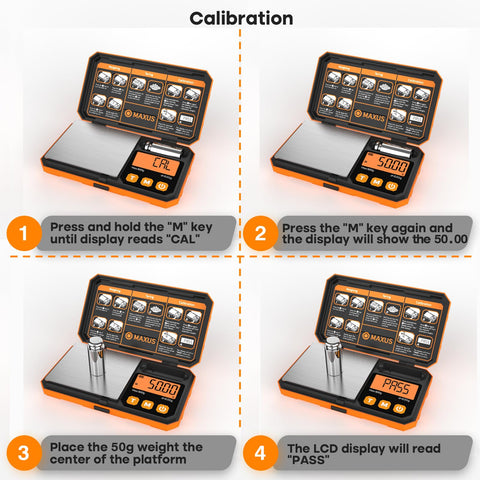 MAXUS scale includes 50 g calibration weight for quick checks