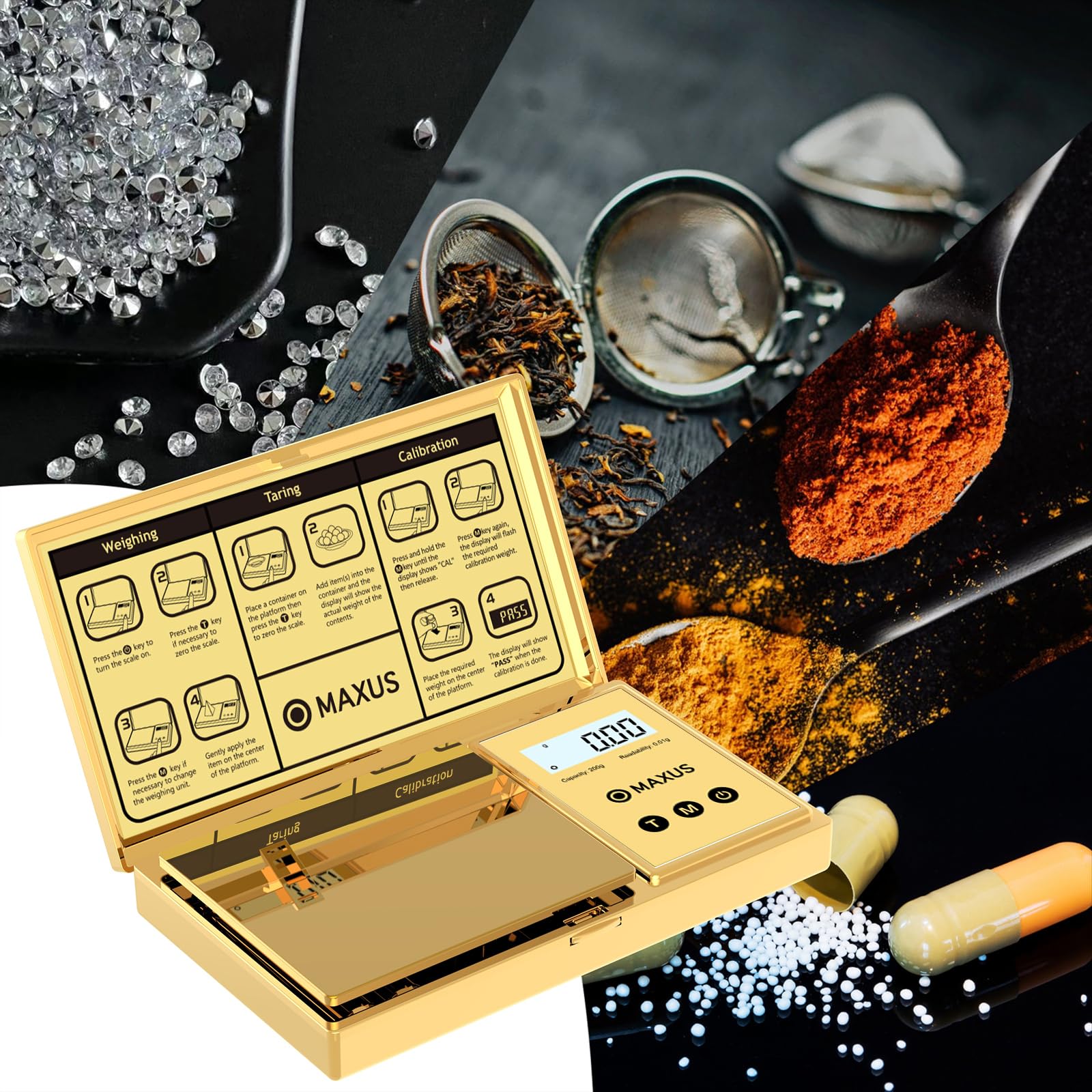 MAXUS tare function zeros container weight for net measurements.