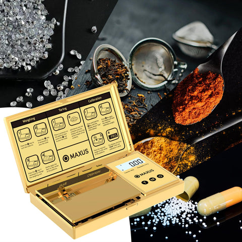 MAXUS tare function zeros container weight for net measurements.