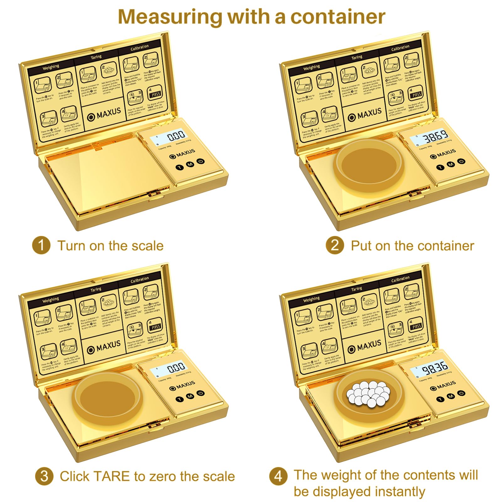 MAXUS six unit modes include grams, ounces, grains, troy ounces, carats, pennyweights.