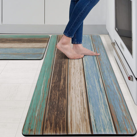 MAYHMYO teal farmhouse kitchen rug set provides cushioned support for long cooking sessions.