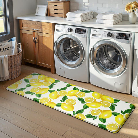 MAYHMYO lemon kitchen mat close-up shows vibrant lemon pattern