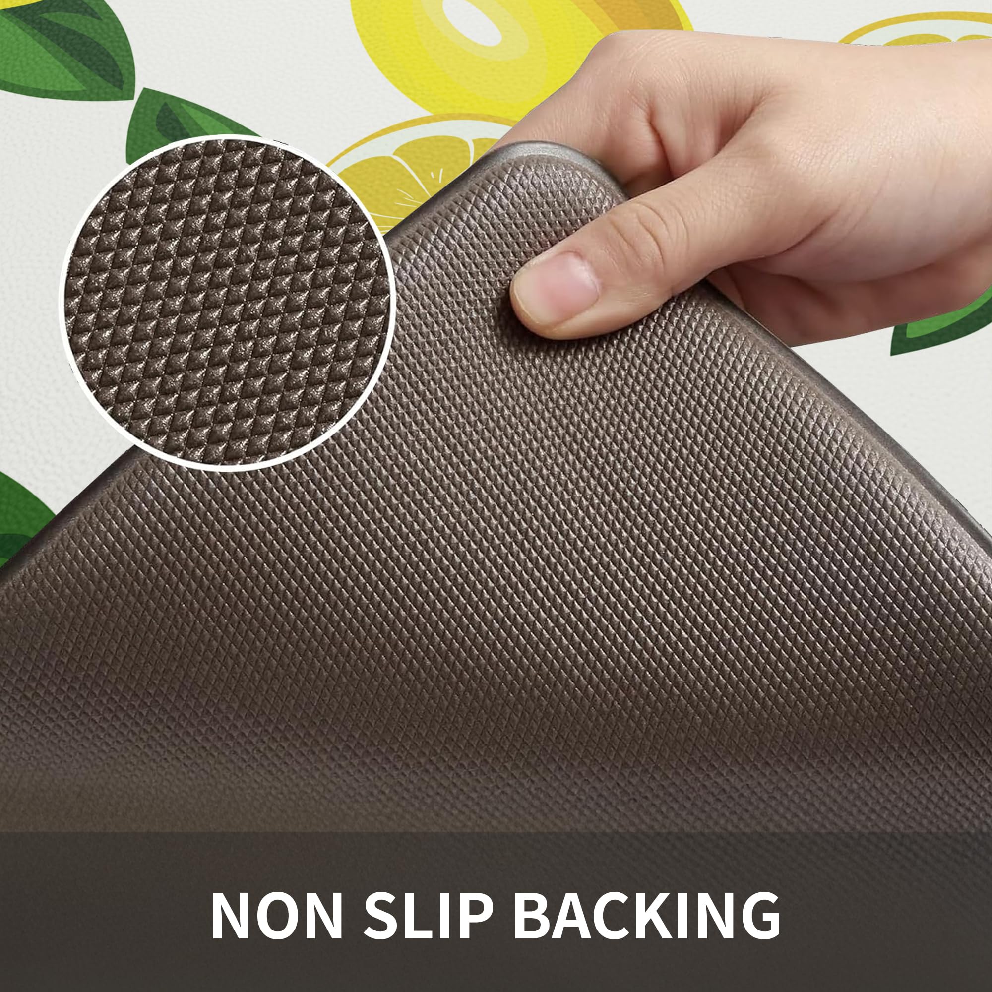 MAYHMYO lemon kitchen mat is water and stain resistant for easy cleaning