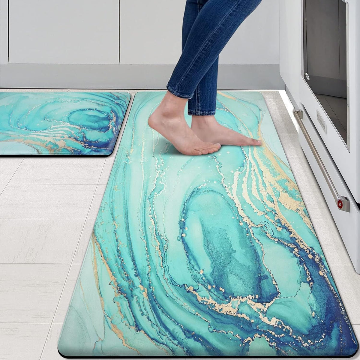 MAYHMYO teal marble gold anti-fatigue mat close-up showing cushioned surface for comfort