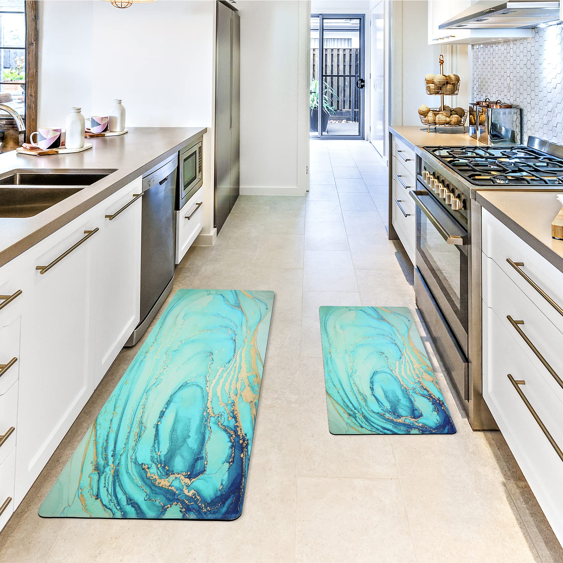 MAYHMYO teal marble gold mat beside stove supporting comfortable standing