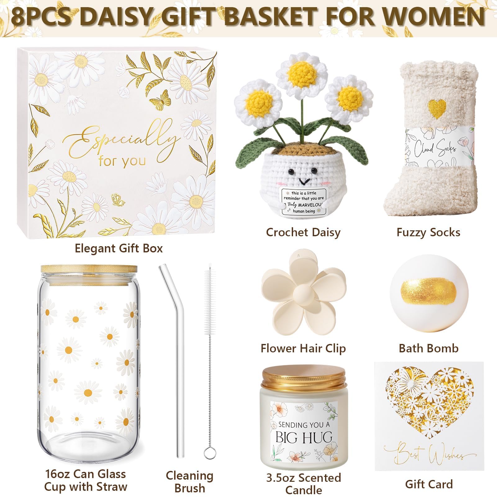 MAYICIVO Crochet Daisy, soft yarn accent, uplifting mood boost for daily self-care.