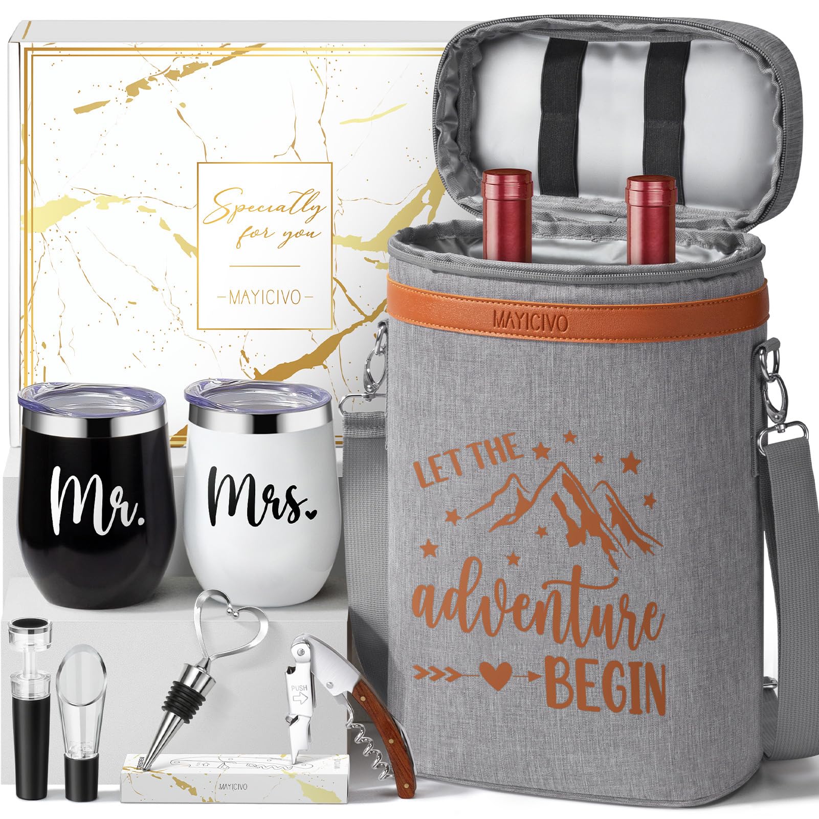 MAYICIVO Mr and Mrs wine tumbler set keeps drinks cold.