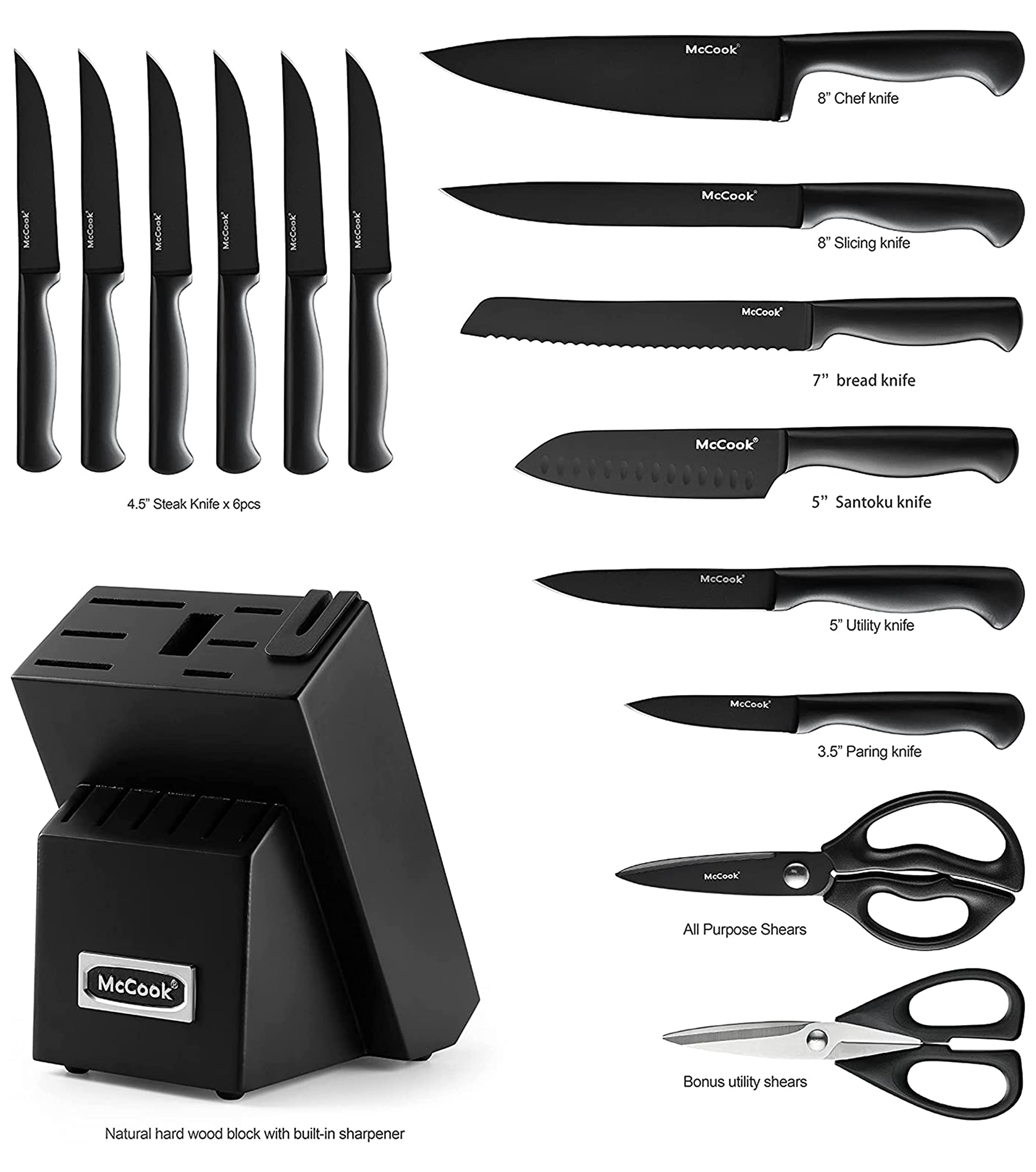 McCook black knife block with built-in sharpener keeps knives ready