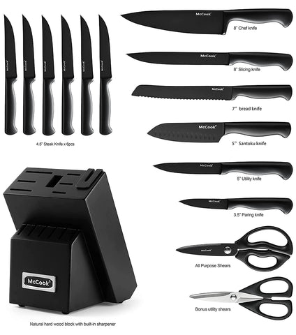 McCook black knife block with built-in sharpener keeps knives ready