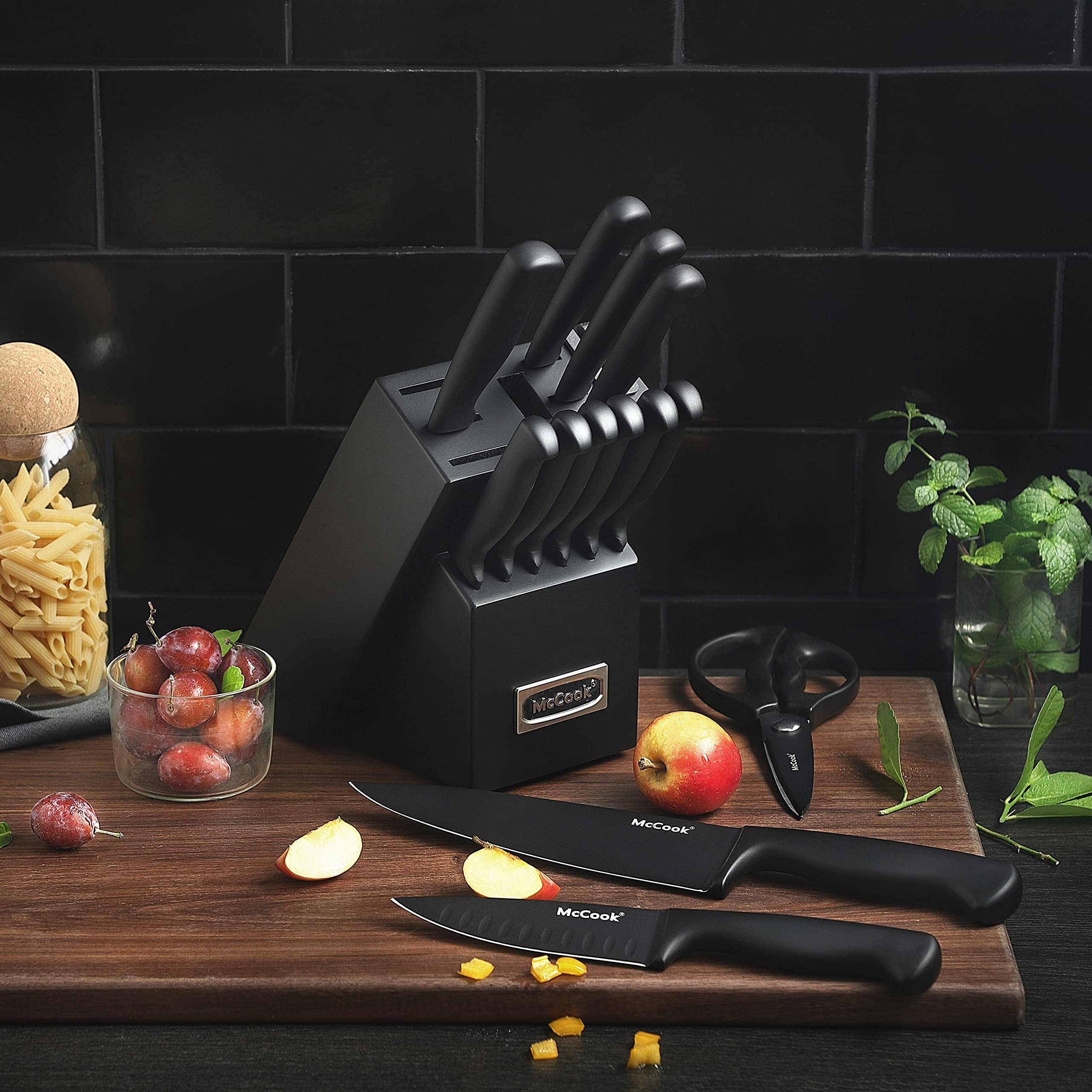 McCook black stainless steel knives shown with block ready for use