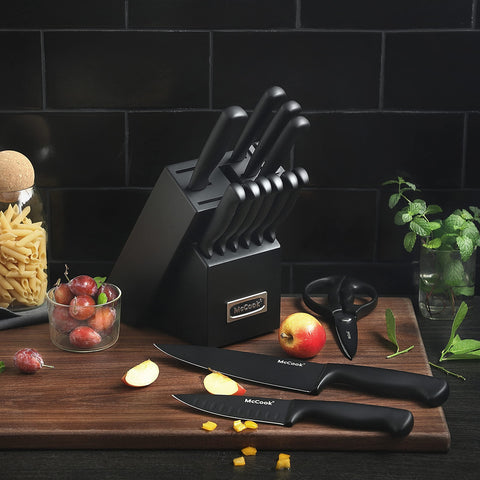 McCook black stainless steel knives shown with block ready for use