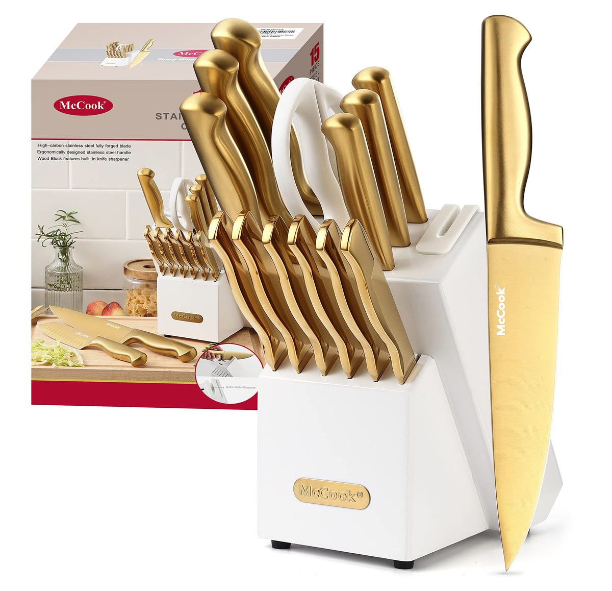 McCook golden titanium knife-set block with premium blades for effortless meal prep