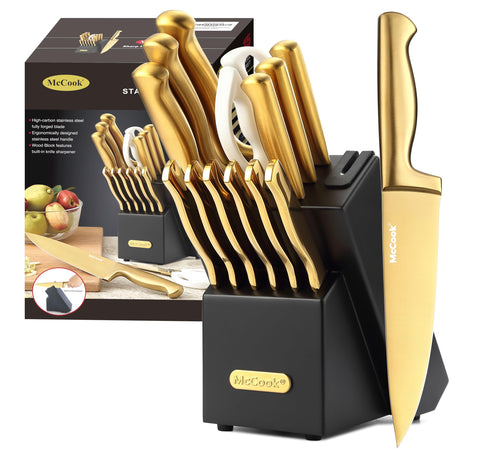 McCook golden titanium knife set in a white block for precise, stylish kitchen prep