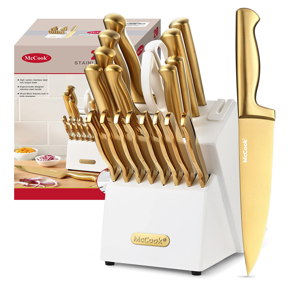 McCook Golden Titanium Knife Set in a stylish block for easy, safe prep.
