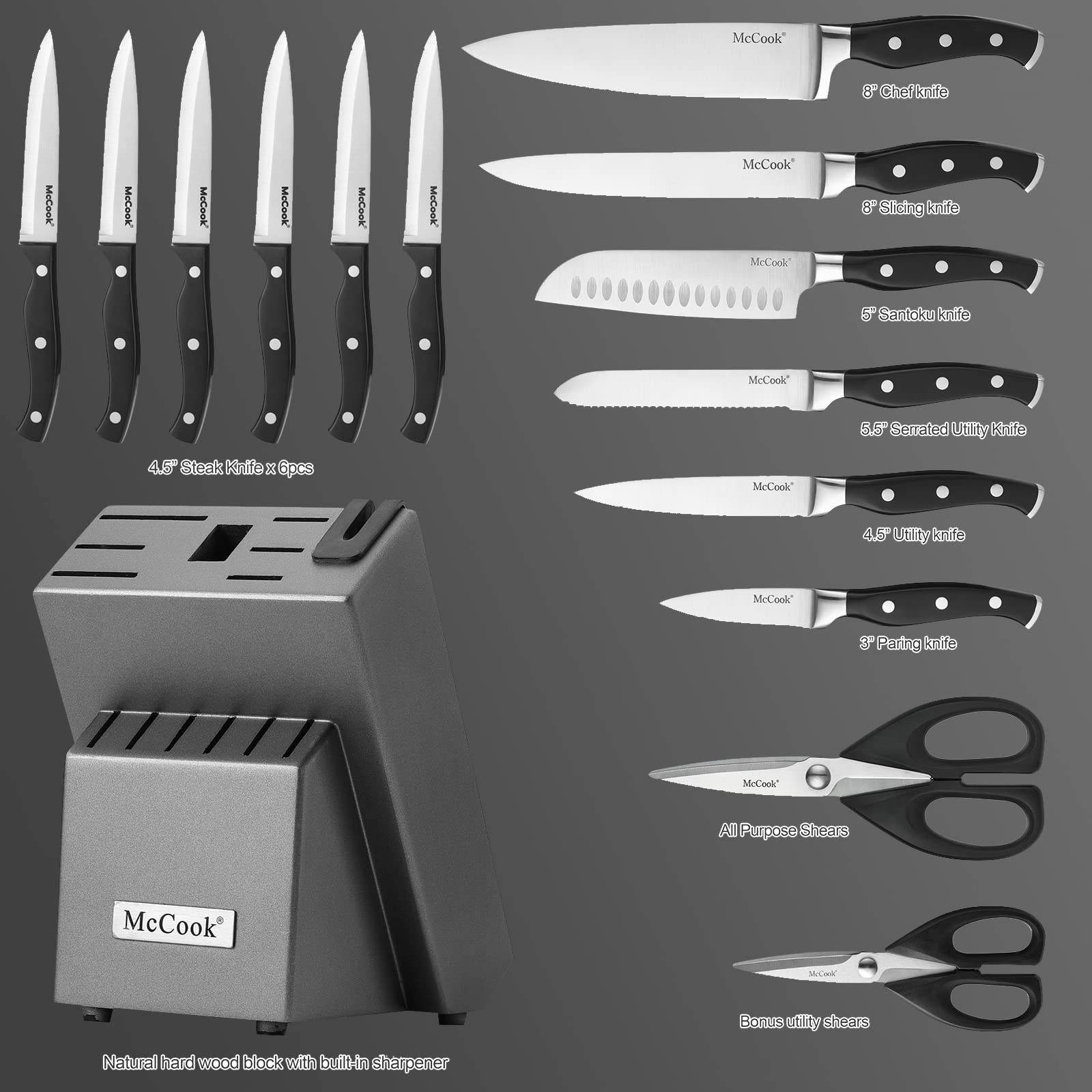 McCook knife block with built-in sharpener for organized, sharp edges