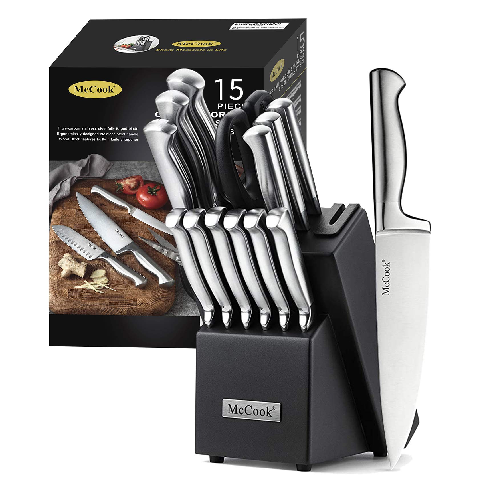 McCook knife set with built-in sharpener block for easy maintenance.