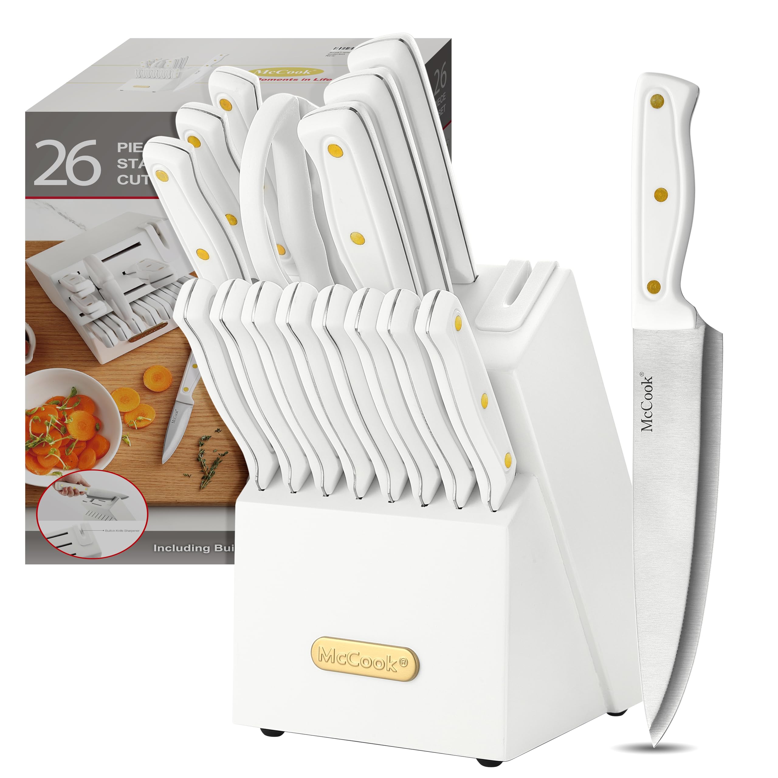 McCook knife sets with built-in sharpener in block for quick edge maintenance during prep.