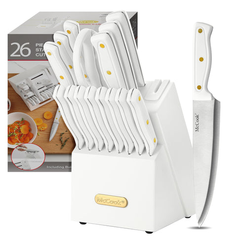McCook knife sets with built-in sharpener in block for quick edge maintenance during prep.