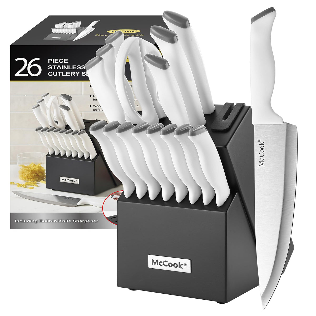 McCook knife set block with built-in sharpener keeps blades organized and ready.