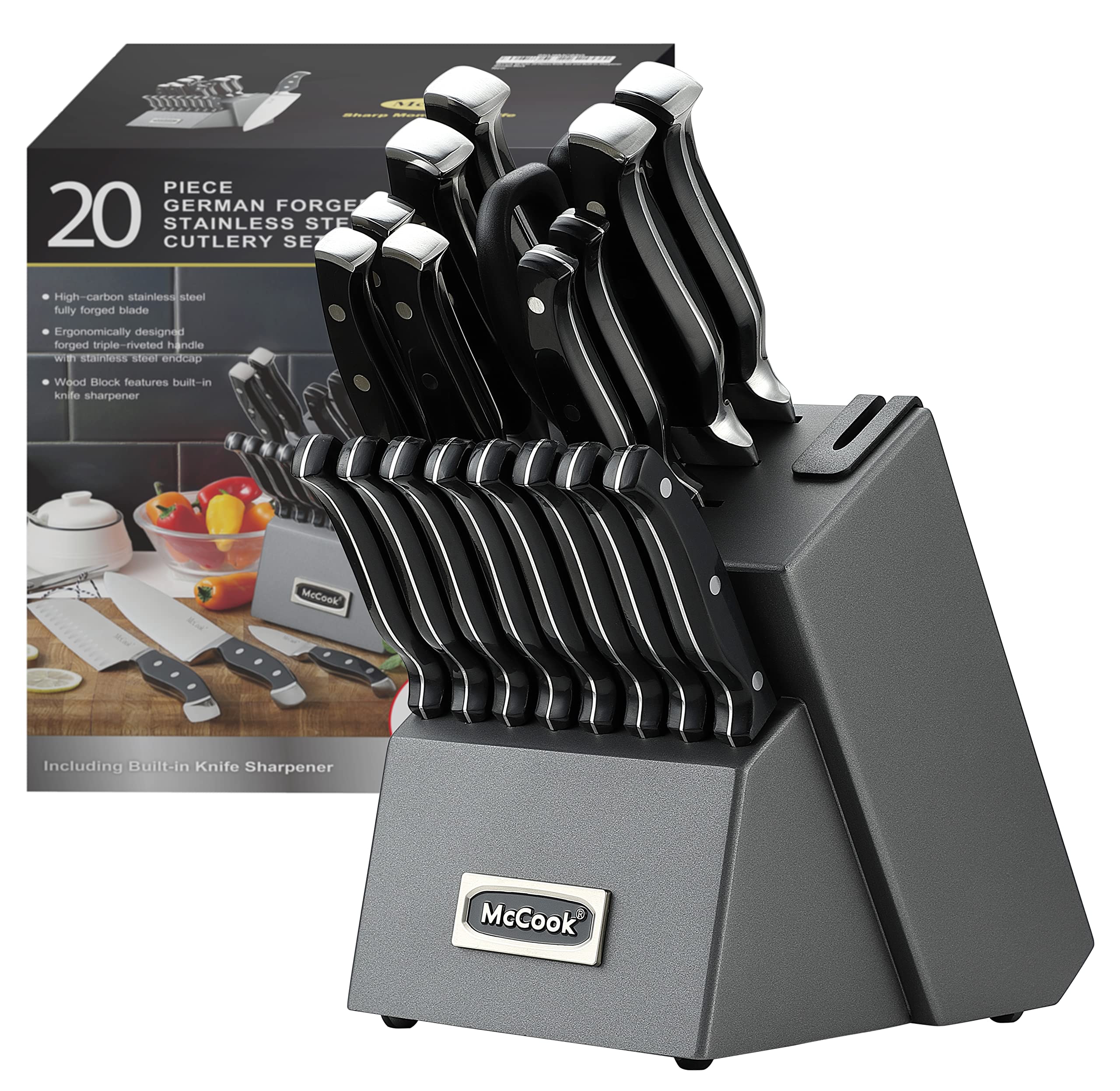 McCook built-in sharpener shown in the knife block for quick edge touch-ups.